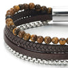 COOLSTEELANDBEYOND Mens Women Multi-Strand Steel Link Chain Braided Leather Tiger Eye Stone Beads Chain Bangle Bracelet - coolsteelandbeyond