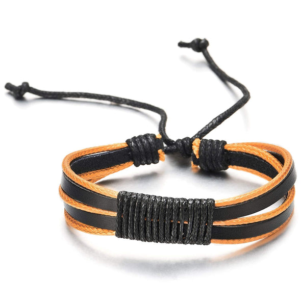 COOLSTEELANDBEYOND Mens Women Multi-Strand Yellow Cotton Rope Black Leather Bracelet Wristband Wrap Bracelet Adjustable - coolsteelandbeyond