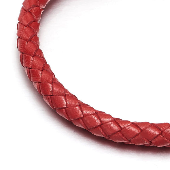 Mens Women Red Braided Leather Bracelet Genuine Leather Bangle Wristband with Magnetic Clasp Thin - COOLSTEELANDBEYOND Jewelry