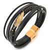 Mens Women Rose Gold Stainless Steel Feather Multi-Strand Black Braided Leather Bangle Bracelet - COOLSTEELANDBEYOND Jewelry