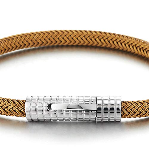 COOLSTEELANDBEYOND Mens Women Stainless Steel Bronze Braided Cable Bangle Bracelet with Grid Pattern Spring Clasp - coolsteelandbeyond