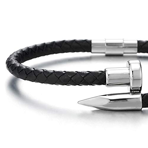 COOLSTEELANDBEYOND Mens Women Stainless Steel Nail Thin Black Braided Leather Wrap Bangle Bracelet Wristband - coolsteelandbeyond