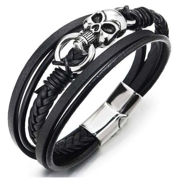 Mens Women Stainless Steel Skull Multi-Strand Black Braided Leather Bangle Wrap Wristband Bracelet - COOLSTEELANDBEYOND Jewelry