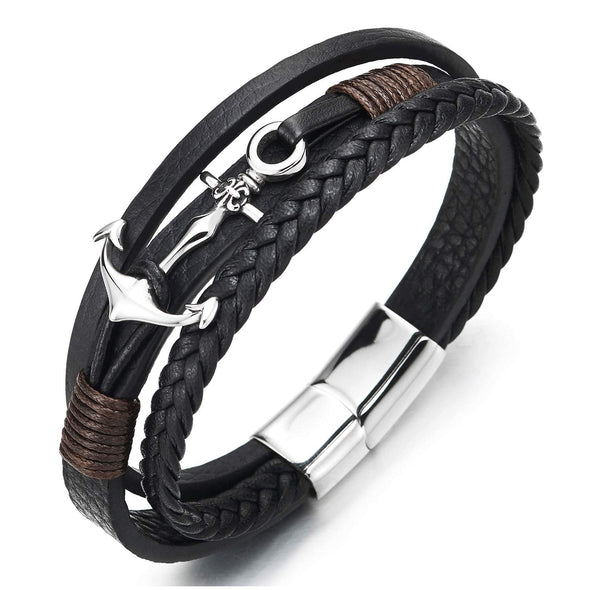 Mens Women Steel Fleur De Lis Marine Anchor Bangle Bracelet, Three-Strand Black Leather Wristband - COOLSTEELANDBEYOND Jewelry