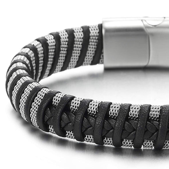 COOLSTEELANDBEYOND Mens Women Steel Mesh Leather Braided Bracelet Bangle Wristband Silver Black, Unique - coolsteelandbeyond