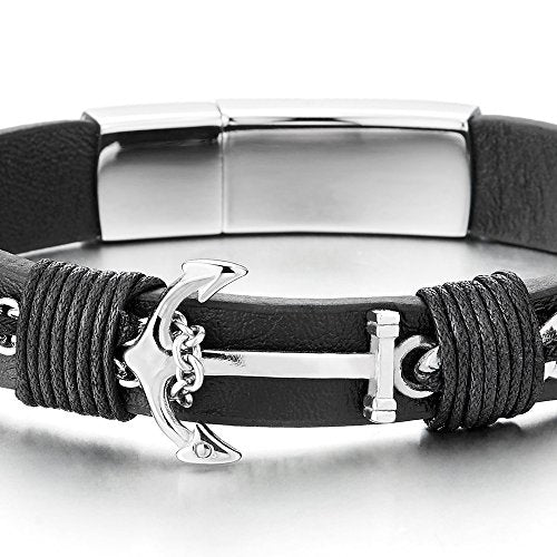 COOLSTEELANDBEYOND Mens Women Steel Nautical Marine Chain Anchor Black Leather Bangle Bracelet, Leather Wrap Wristband - coolsteelandbeyond