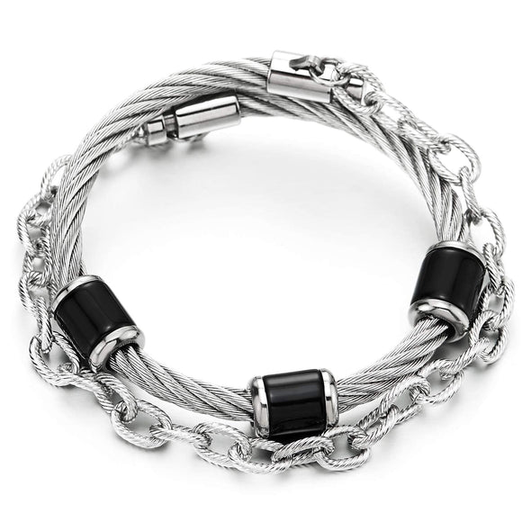 Mens Women Steel Rolo Chain Two-Row Cuff Bangle Bracelet with Black Resin Charms