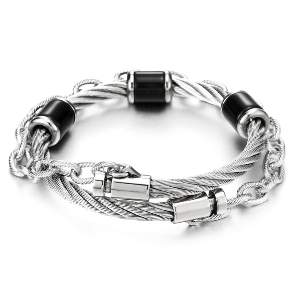Mens Women Steel Rolo Chain Two-Row Cuff Bangle Bracelet with Black Resin Charms
