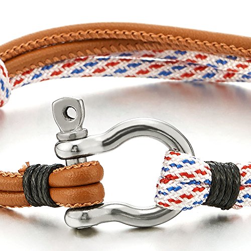 COOLSTEELANDBEYOND Mens Women Steel Screw Anchor Shackles Nautical Sailor Rope Cord Leather Wrap Bracelet Wristband - coolsteelandbeyond