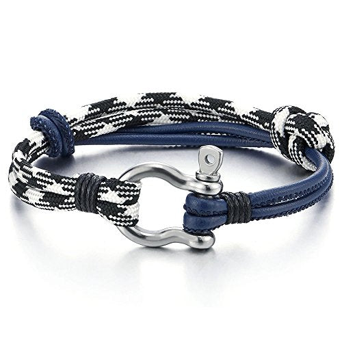 COOLSTEELANDBEYOND Mens Women Steel Screw Anchor Shackles Nautical Sailor Rope Cord Leather Wrap Bracelet Wristband - coolsteelandbeyond