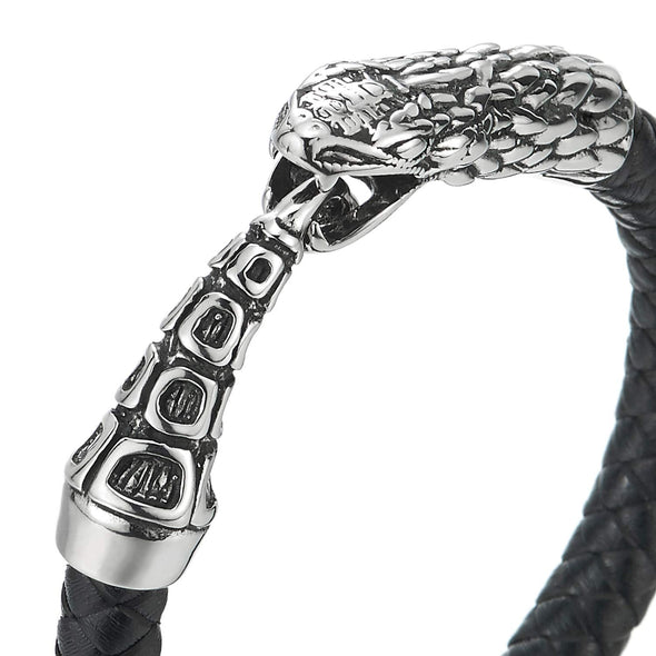 COOLSTEELANDBEYOND Mens Women Steel Vintage Cobra Snake Bangle Bracelet Black Braided Leather Wristband, Gothic - coolsteelandbeyond