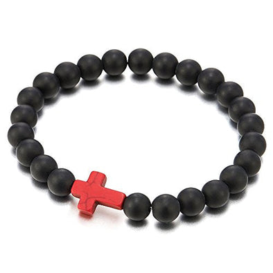 COOLSTEELANDBEYOND Mens Women Stretchable Matt Black Onyx Beads Bracelet with Charm of Red Cross, Prayer Mala - coolsteelandbeyond