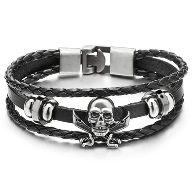 Mens Women Sword Pirate Skull Black Braided Leather Bracelet Multi-Strand Leather Wristband Bracelet - COOLSTEELANDBEYOND Jewelry