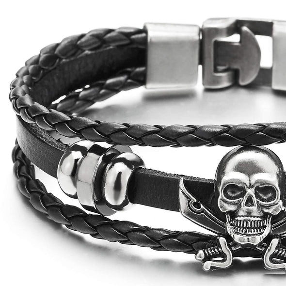Mens Women Sword Pirate Skull Black Braided Leather Bracelet Multi-Strand Leather Wristband Bracelet