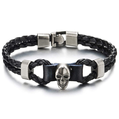 COOLSTEELANDBEYOND Mens Women Two-Row Black Braided Leather Knot Wristband Bangle Bracelet with Grey Skull Charm - coolsteelandbeyond