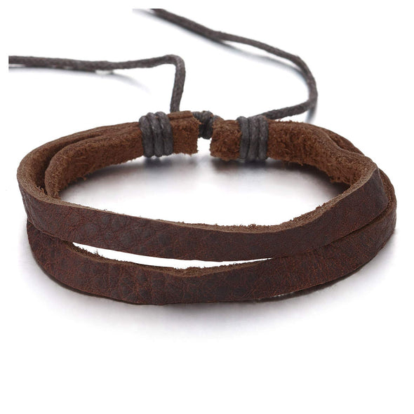 COOLSTEELANDBEYOND Mens Women Two-Row Brown Leather Bracelet Genuine Leather Wrap Bangle Wristband Adjustable - coolsteelandbeyond