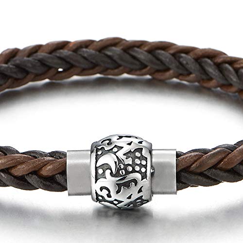 COOLSTEELANDBEYOND Mens Women Two-Tone Brown Braided Leather Bracelet Bangle, Vintage Design Steel Magnetic Clasp - coolsteelandbeyond
