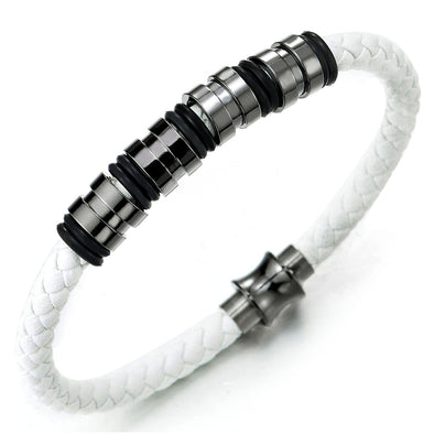 Mens Women White Braided Leather Bangle Bracelet with Stainless Steel Bead String and Magnetic Clasp - COOLSTEELANDBEYOND Jewelry