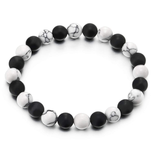 Mens Womens 8 MM Black White Marble Gem Stone Beads Bracelet, Stretchable