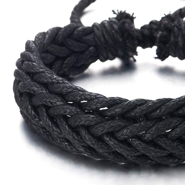 COOLSTEELANDBEYOND Mens Womens Black Braided Cotton Rope Bracelet Wristband Wrap Bracelet, Adjustable, Hand-Made - coolsteelandbeyond