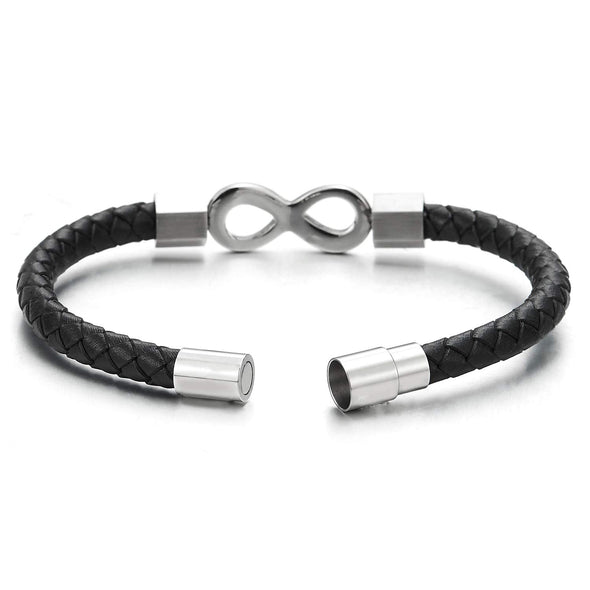 COOLSTEELANDBEYOND Mens Womens Black Braided Leather Bangle Bracelet Steel Infinity Love Number 8 and Magnetic Clasp - coolsteelandbeyond