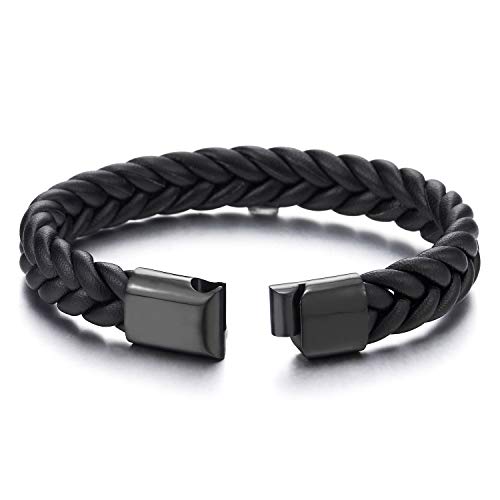 COOLSTEELANDBEYOND Mens Womens Black Braided Leather Wrap Bracelet, Leather Bangle Wristband Black Steel Magnetic Clasp - coolsteelandbeyond