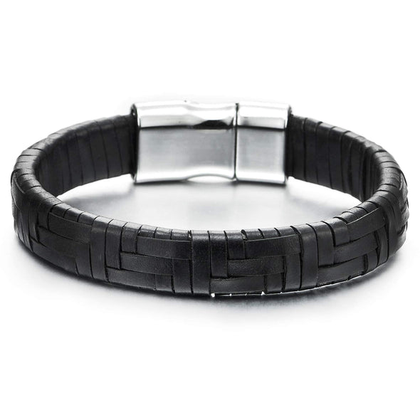 Mens Womens Black Interwoven Leather Bangle Bracelet Wristband with Magnetic Clasp