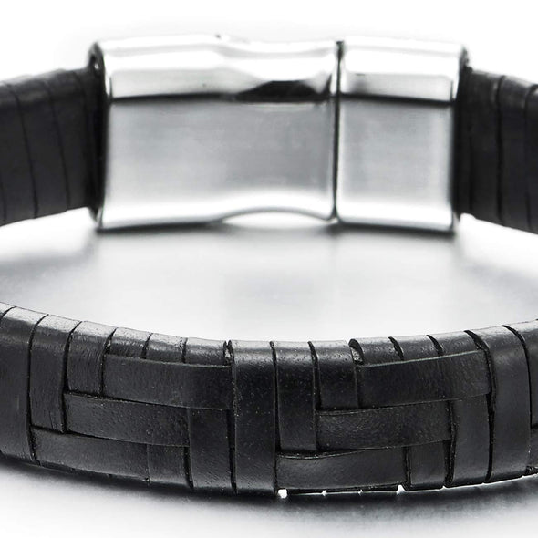 Mens Womens Black Interwoven Leather Bangle Bracelet Wristband with Magnetic Clasp