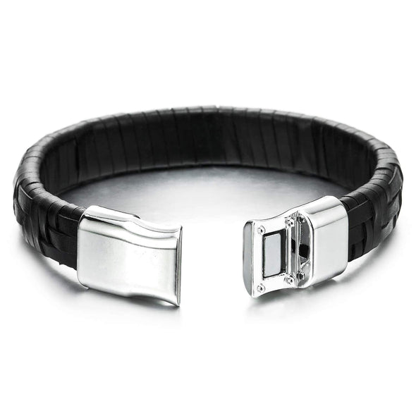 Mens Womens Black Interwoven Leather Bangle Bracelet Wristband with Magnetic Clasp