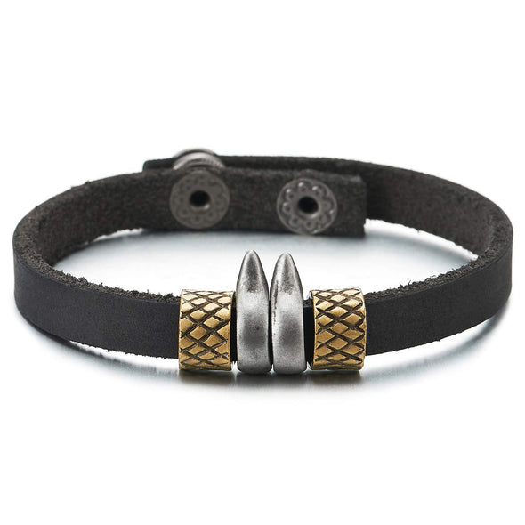 COOLSTEELANDBEYOND Mens Womens Black Leather Bracelet Wristband with Vintage Silver Spike Gold Bead Charms, Snap Button - coolsteelandbeyond