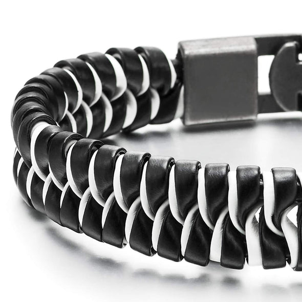 Mens Womens Black White Braided Leather Bracelet Bangle Wrap Wristband, Hook Clasp