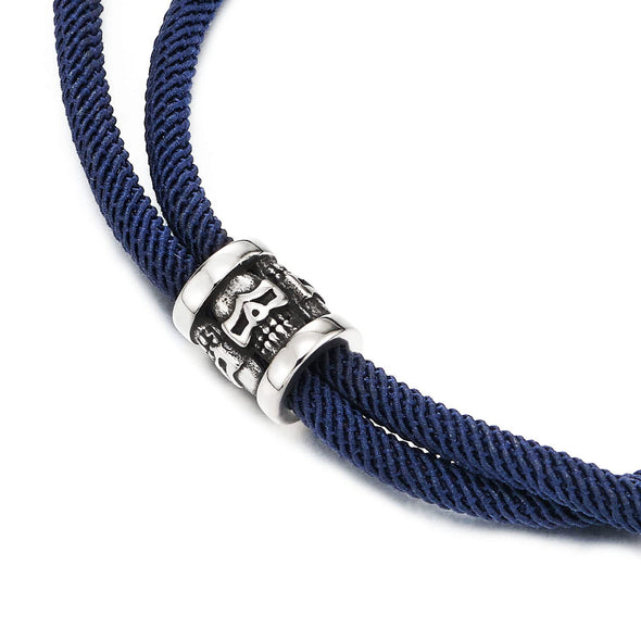 Mens Womens Blue Nautical Marine Yacht Rope Wristband Wrap Bracelet with Skull Charm, Adjustable - COOLSTEELANDBEYOND Jewelry