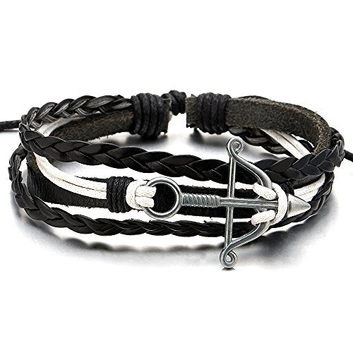 COOLSTEELANDBEYOND Mens Womens Bow and Arrow Black White Leather Cotton Wrap Bracelet Wristband - coolsteelandbeyond