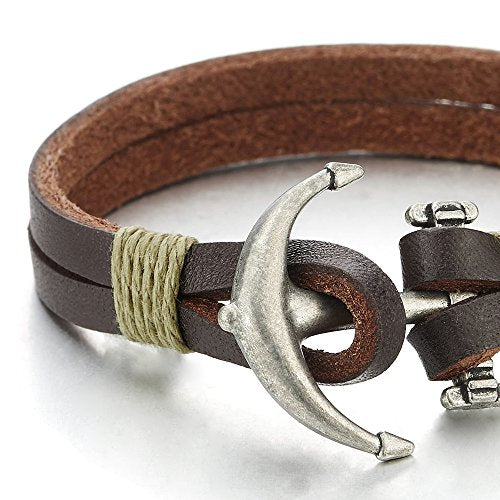 COOLSTEELANDBEYOND Mens Womens Bronze Anchor Wrap Bracelet Wristband, Double-Strand Brown Leather, Nautical Sailor - coolsteelandbeyond