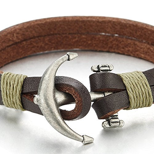 COOLSTEELANDBEYOND Mens Womens Bronze Anchor Wrap Bracelet Wristband, Double-Strand Brown Leather, Nautical Sailor - coolsteelandbeyond