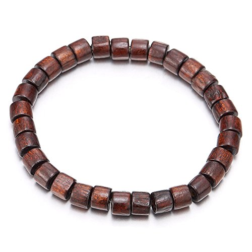 COOLSTEELANDBEYOND Mens Womens Dark Brown Wood Beads Bracelet, 7mm Tibetan Beads Prayer Mala - coolsteelandbeyond