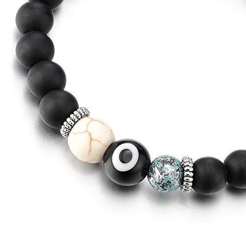 COOLSTEELANDBEYOND Mens Womens Mat Black Beads Bracelet with Murano-Style Glass Evil Eye Bead, Prayer Mala, Stretchable - coolsteelandbeyond