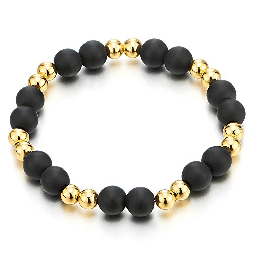 Mens Womens Matt Black Onyx Beads Bracelet with Small Gold Color Beads ...