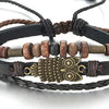COOLSTEELANDBEYOND Mens Womens Multi-Strand Black Braided Leather Brown Cotton Strap Bracelet with Owl and Beads Charms - coolsteelandbeyond