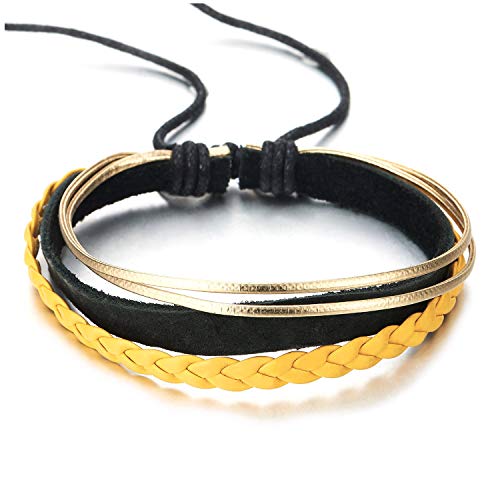 COOLSTEELANDBEYOND Mens Womens Multi-Strand Black Yellow Braided Leather Gold Cotton Rope Wristband Wrap Bracelet - coolsteelandbeyond