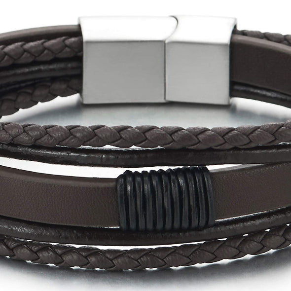 COOLSTEELANDBEYOND Mens Womens Multi-Strand Brown Black Braided Leather Bracelet Wristband, Steel Magnetic Clasp - coolsteelandbeyond