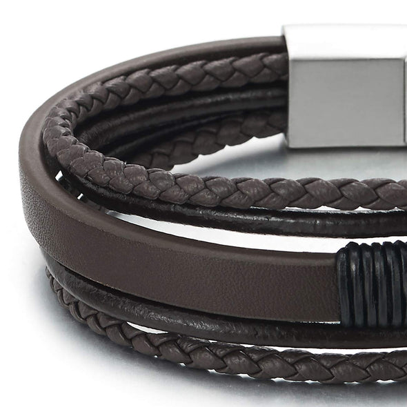COOLSTEELANDBEYOND Mens Womens Multi-Strand Brown Black Braided Leather Bracelet Wristband, Steel Magnetic Clasp - coolsteelandbeyond