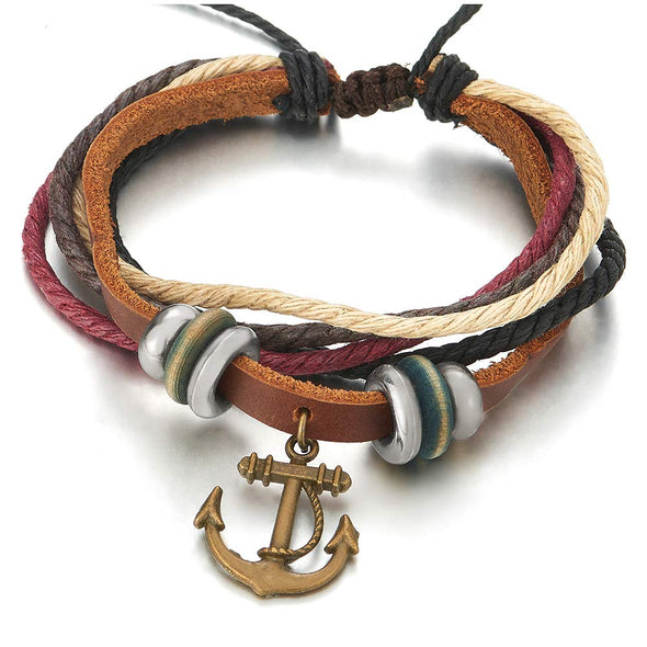 Mens Womens Multi-Strand Brown Leather Colorful Cotton Wrap Bracelet with Marine Anchor Beads
