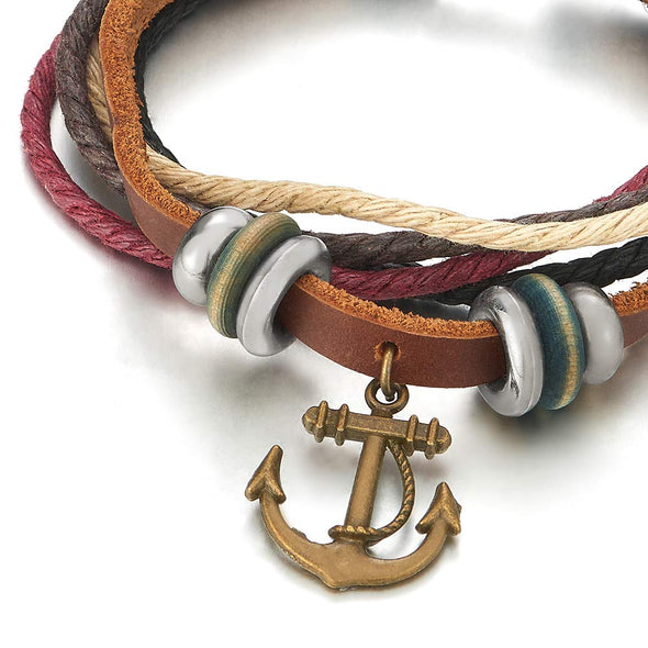 Mens Womens Multi-Strand Brown Leather Colorful Cotton Wrap Bracelet with Marine Anchor Beads