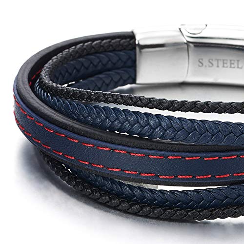 COOLSTEELANDBEYOND Mens Womens Multi-Strand Navy Blue Black Red Stitches Braided Leather Bracelet Wristband - coolsteelandbeyond
