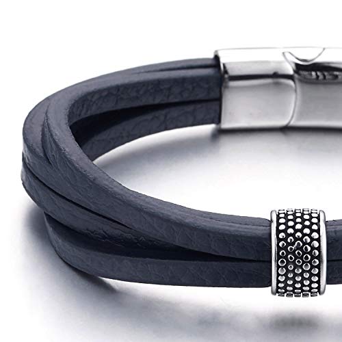 COOLSTEELANDBEYOND Mens Womens Multi-Strand Navy Blue Leather Bracelet Wristband with Dotted Bead Charm, Magnetic Clasp - coolsteelandbeyond