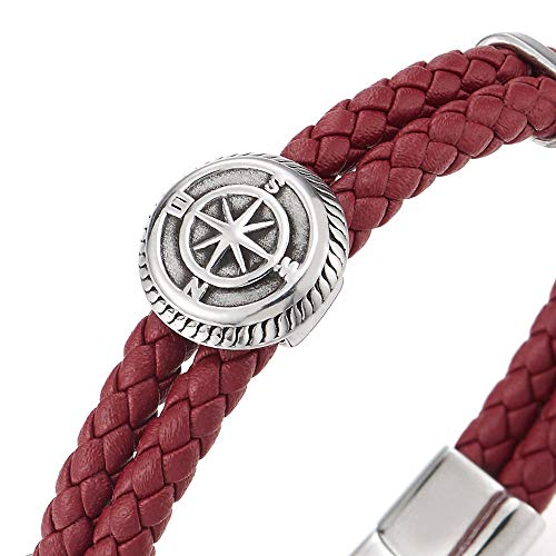 COOLSTEELANDBEYOND Mens Womens Red Braided Leather Two-Row Bracelet Bangle with Stainless Steel Compass Charms - coolsteelandbeyond