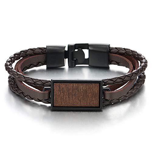 COOLSTEELANDBEYOND Mens Womens Red Brown Braided Leather Bracelet, Three-Row Leather Wristband with Rectangle Wood - coolsteelandbeyond