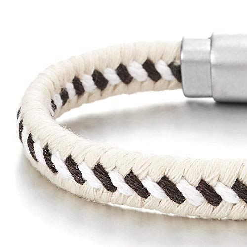 COOLSTEELANDBEYOND Mens Womens Sailing Marine White Brown Braided Cotton Rope Bangle Bracelet with Magnetic Clasp - coolsteelandbeyond