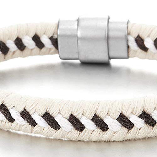 COOLSTEELANDBEYOND Mens Womens Sailing Marine White Brown Braided Cotton Rope Bangle Bracelet with Magnetic Clasp - coolsteelandbeyond
